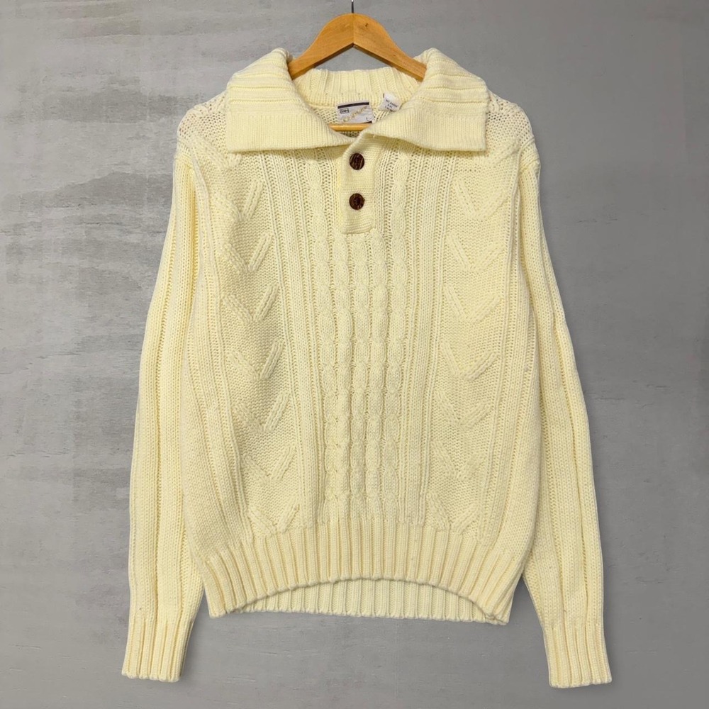 Vintage Sears Henley Sweater Cream Cable Knit Button Collar Vintage Men's‎ Large